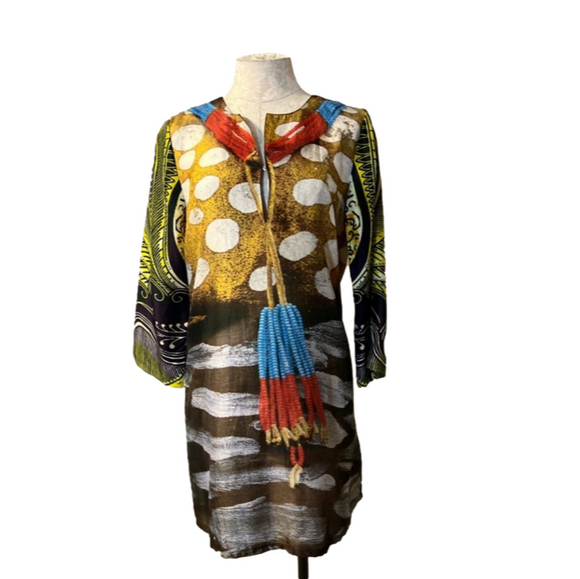 Anthropologie FIGUE Shift Tunic Dress S Small Silk Op Art 3/4 Long Sleeve - Picture 1 of 9